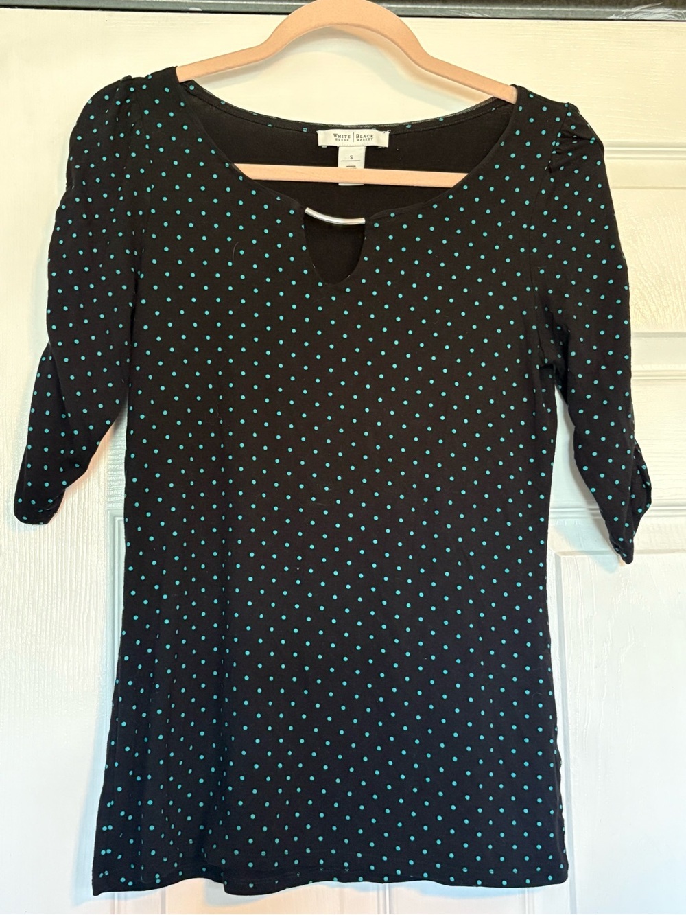 White House Black Market Black Top with Teal Polka Dots and Keyhole